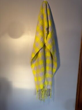 Anthropologie Yellow and Cream Checked Fringe Wrap Scarf